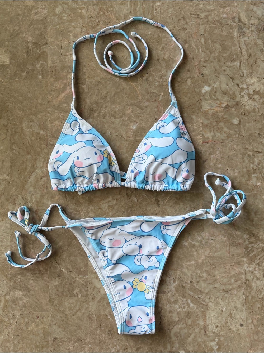 2pcs Cinnamoroll Print Bikini Set Halter Triangle Swimsuit Tie Side Two-Piece